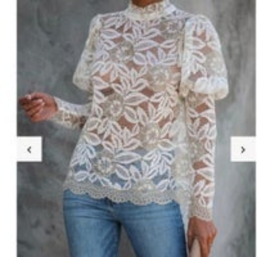 Ruffle mock neck lace blouse